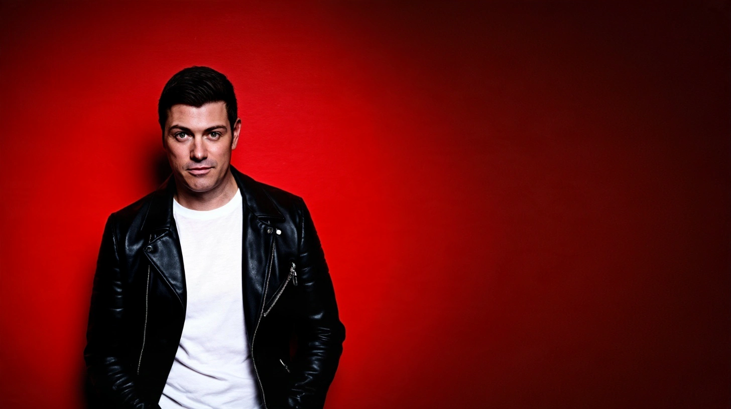Jolyon Petch in a black leather jacket against a red studio background